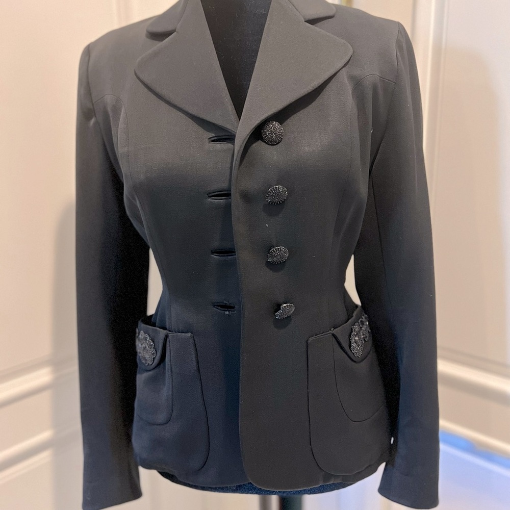Semi formal jacket, black suit jacket, beaded buttons,fitted with pockets